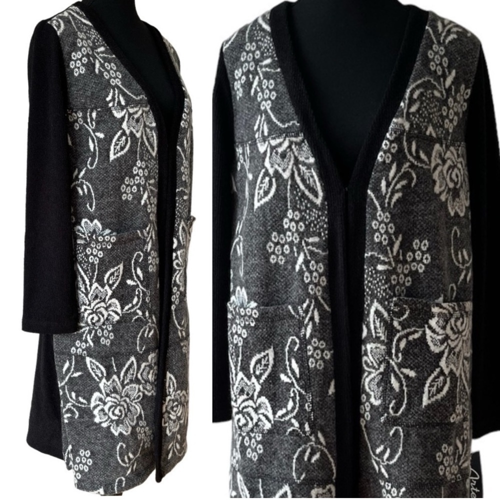Artex Fashions Floral V- Neck Panel Cardigan Black Grey Size Large duster